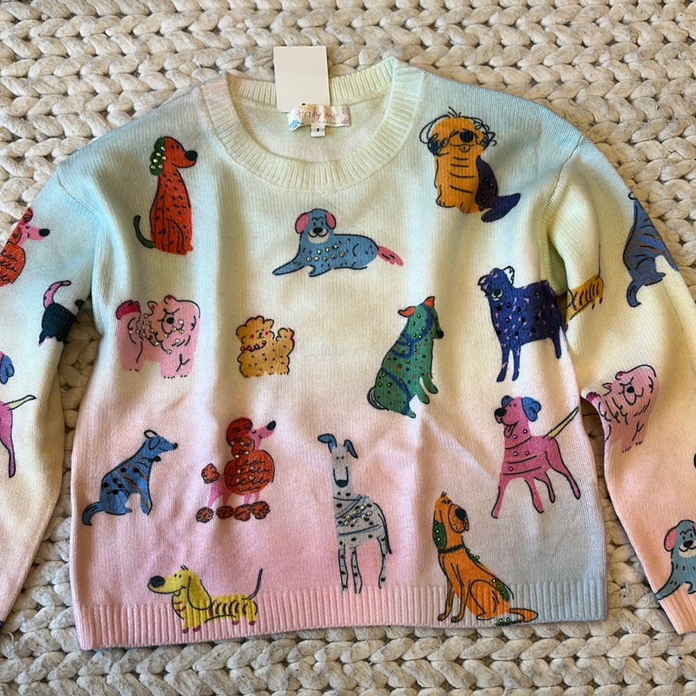 Truly Me Pink and Blue Crew Neck Sweater with Playful Dog Design